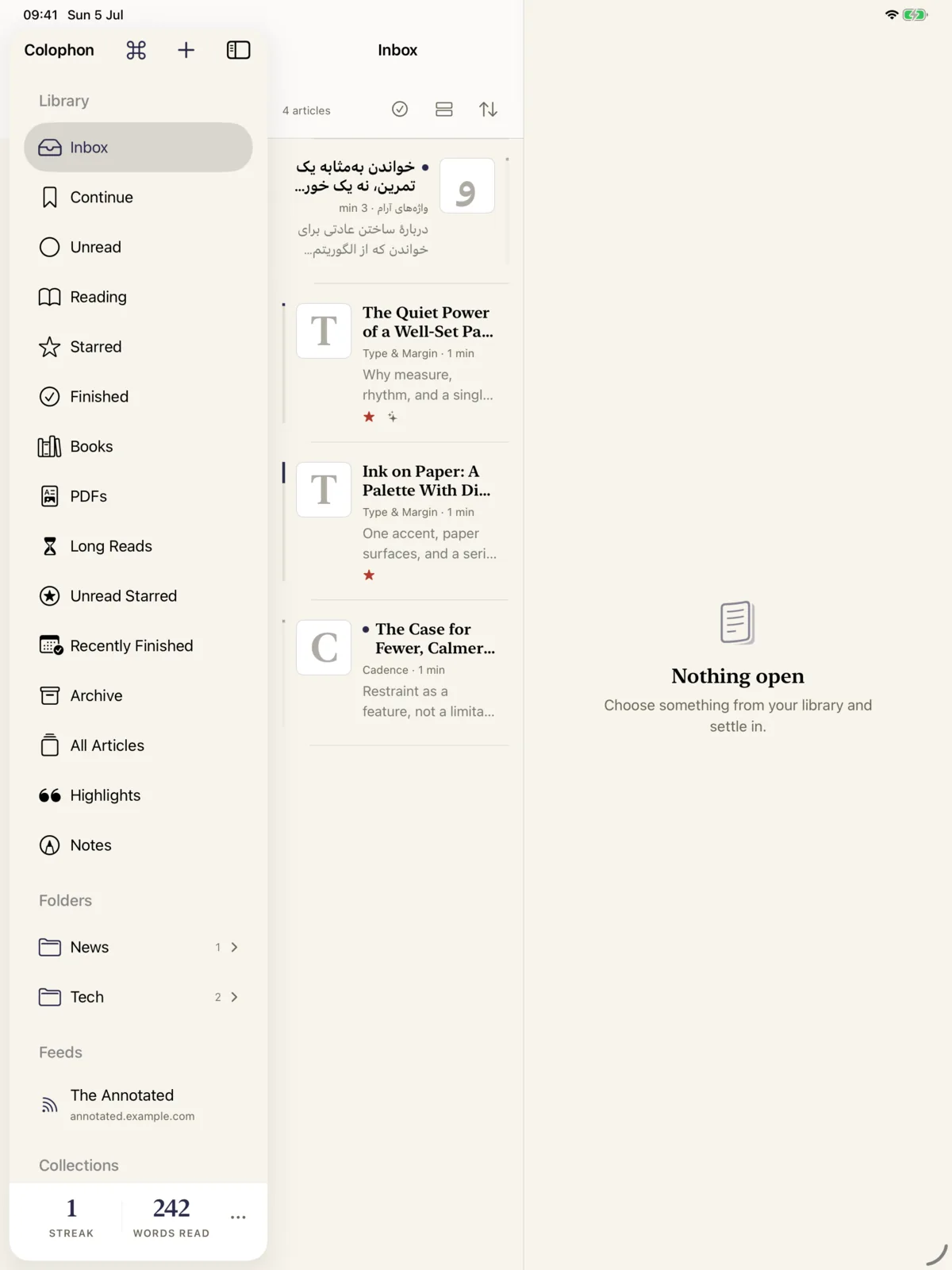 The Colophon library sidebar on iPad: Inbox, Continue, Unread, Books, PDFs, Long Reads, folders and feeds, with a reading streak at the bottom.