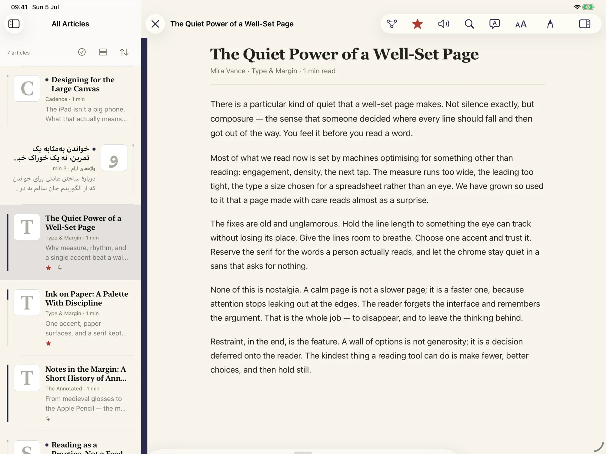 Colophon’s reader on iPad in landscape: an article titled “The Quiet Power of a Well-Set Page” set in a large serif with generous margins, the library list alongside.