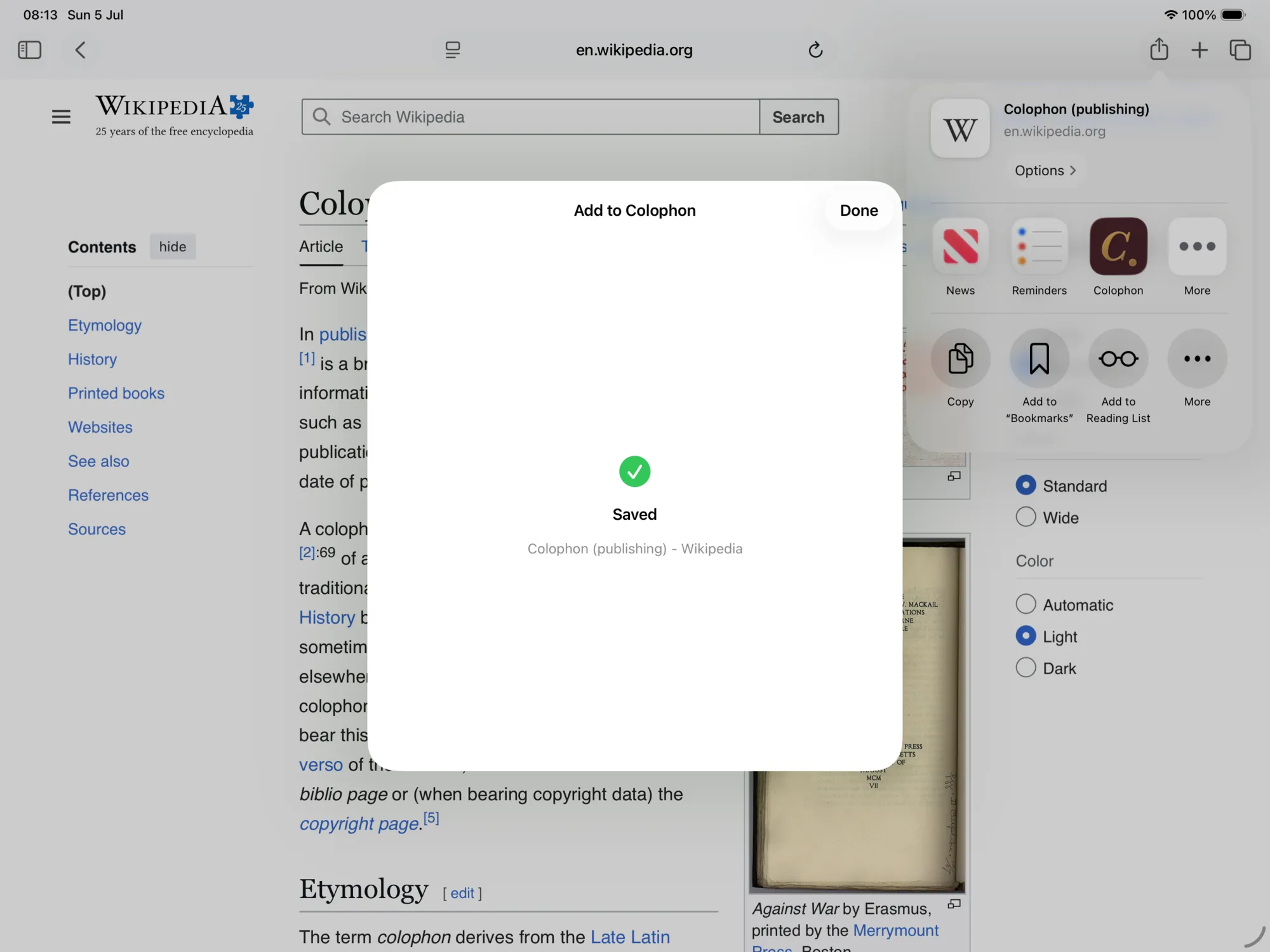 Saving to Colophon from the Safari share sheet on iPad.