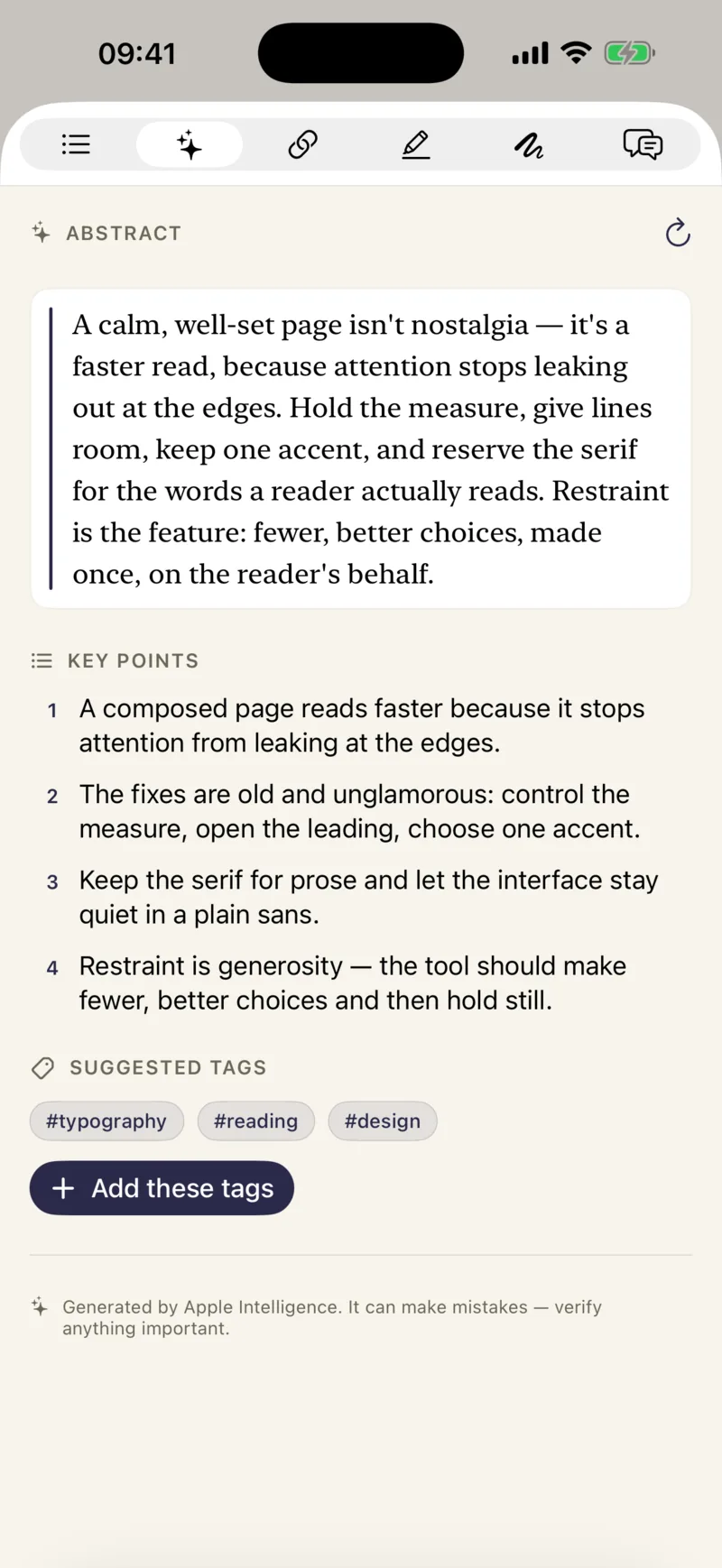 On-device intelligence on iPhone: an abstract of the article, four key points, and suggested tags — typography, reading, design.