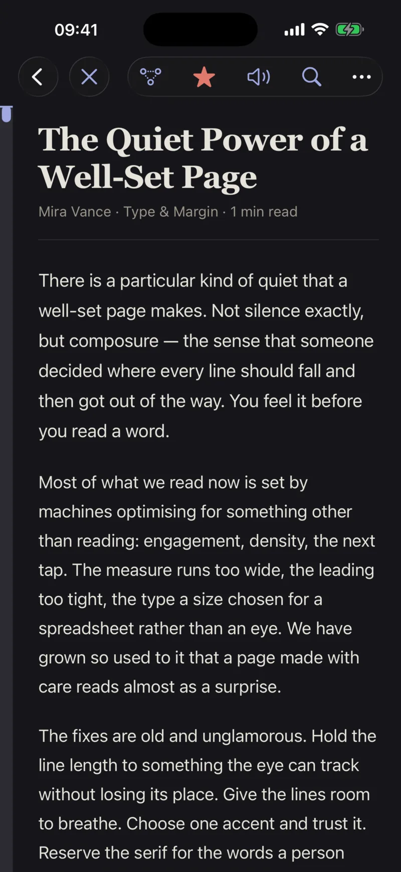 The reader on iPhone in dark mode: a serif headline and comfortable text on a near-black page.